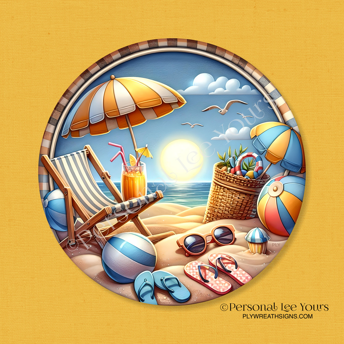 Wreath Sign * A Great Day On The Beach * Round * Lightweight Metal