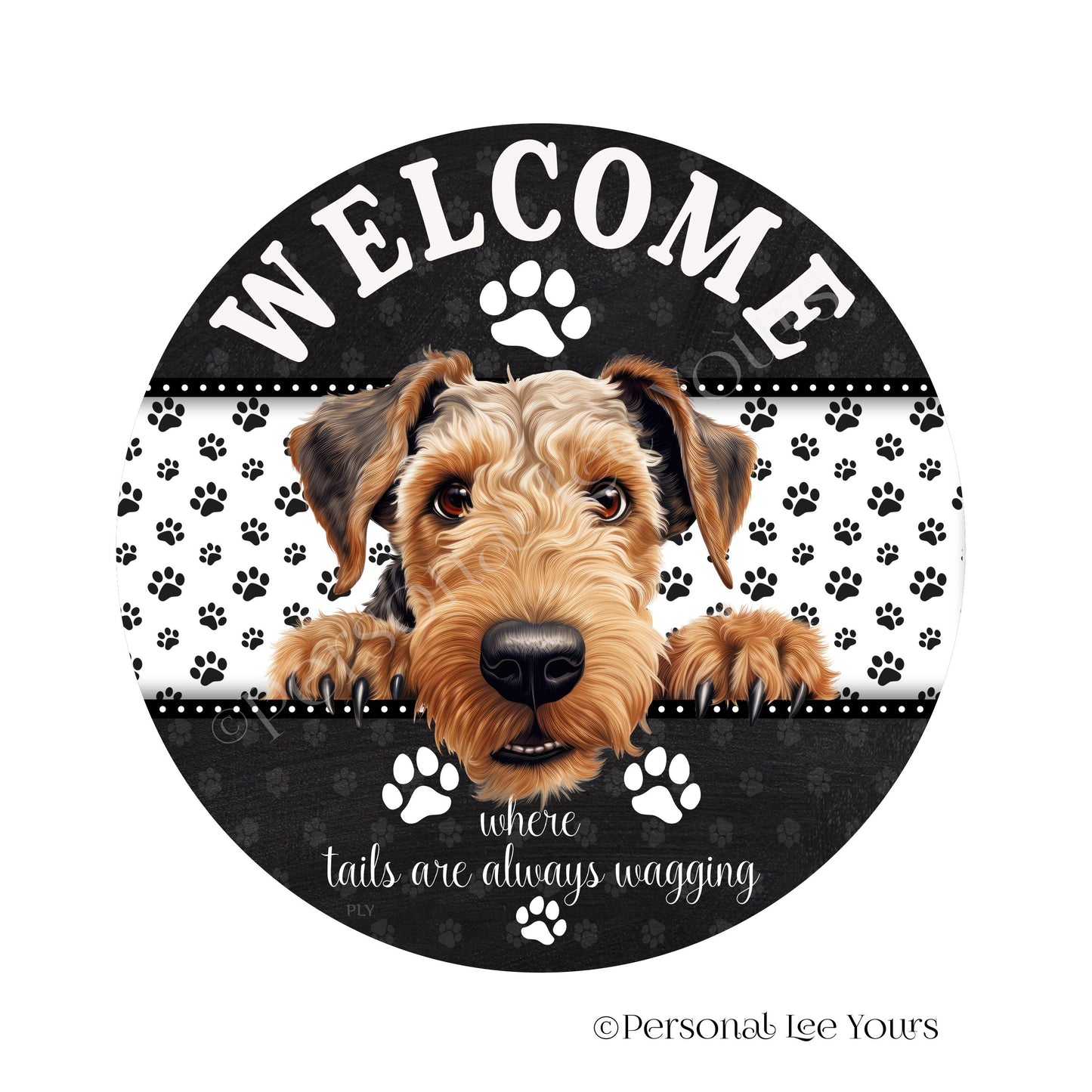 Peeking Pups Wreath Sign * Airedale Terrier * Round * Lightweight Metal