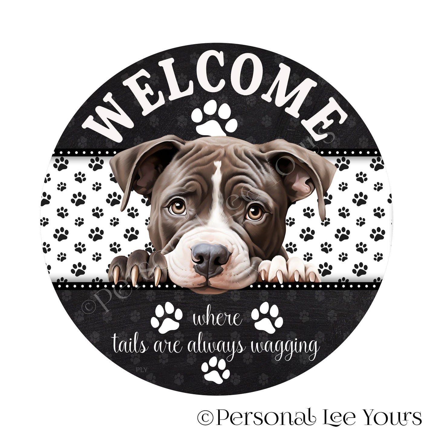 Peeking Pups Wreath Sign * American Pit Bull * Round * Lightweight Metal