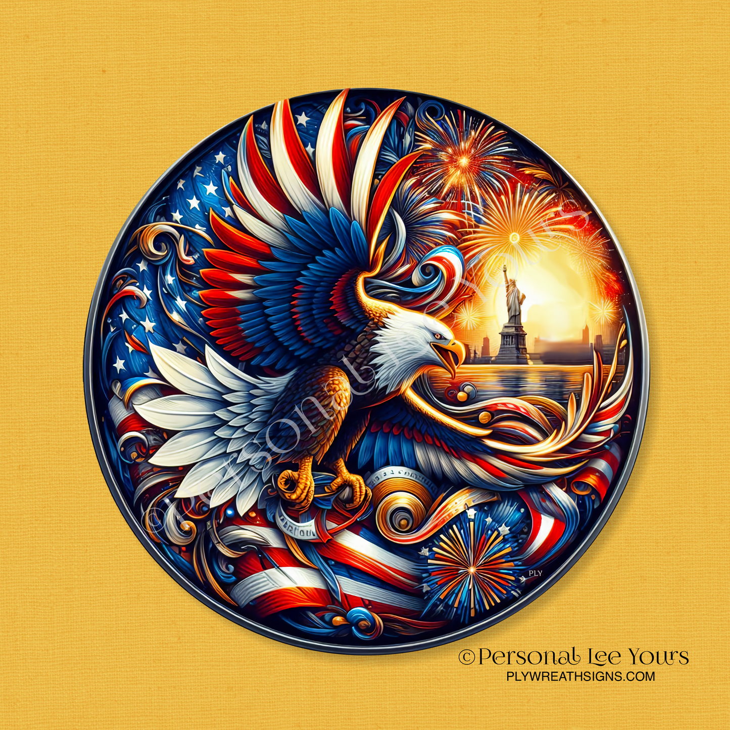 Wreath Sign * American Eagle and Lady Liberty * Round * Lightweight Metal