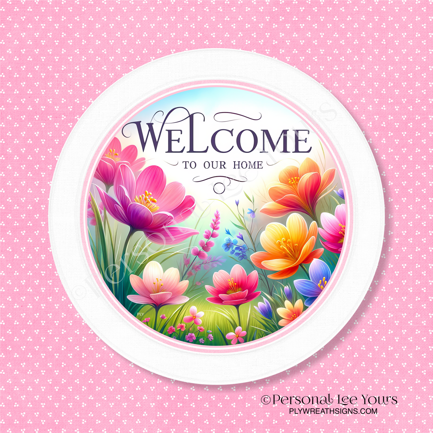 Wreath Sign * Beautiful Crocus Welcome * Round * Lightweight Metal