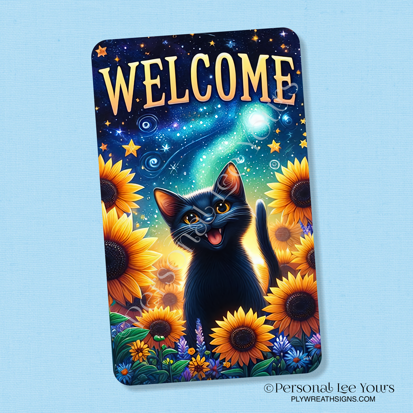 Wreath Sign * Black Cat Welcome * Vertical * 3 Sizes * Lightweight Metal