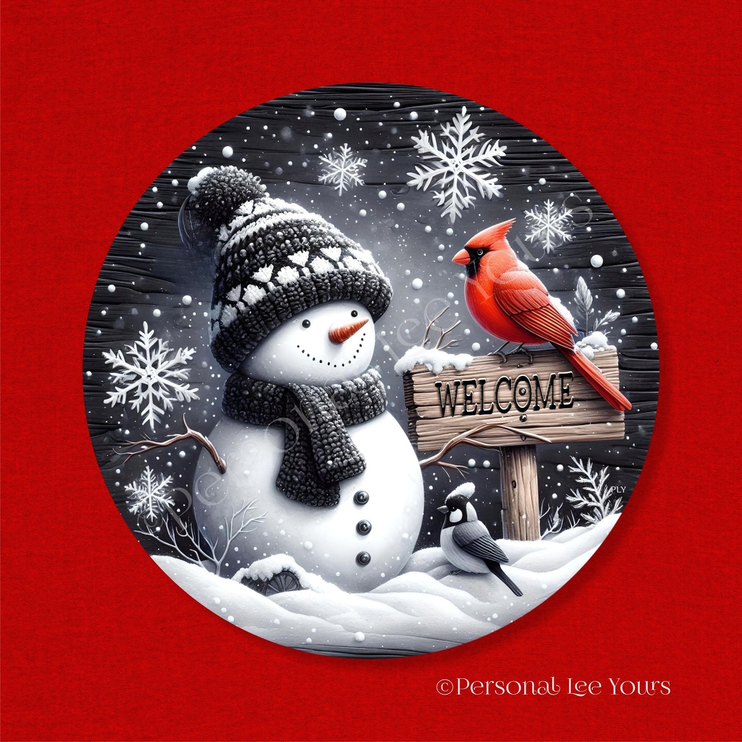 Holiday Wreath Sign * Black and White Snowman Welcome * Round * Lightweight Metal