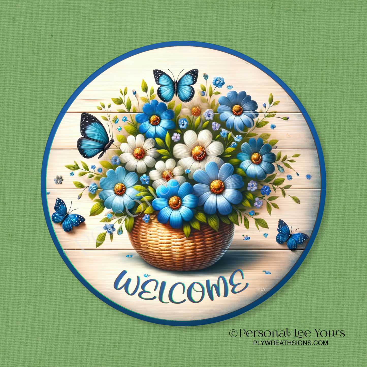 Wreath Sign * Blue Beauty Welcome * Round * Lightweight Metal