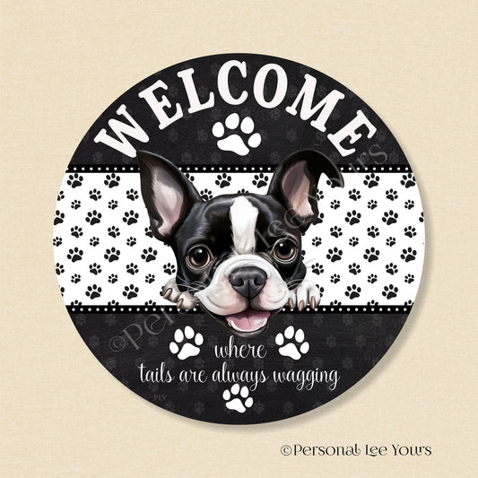Peeking Pups Wreath Sign * Boston Terrier 2 *  Round * Lightweight Metal