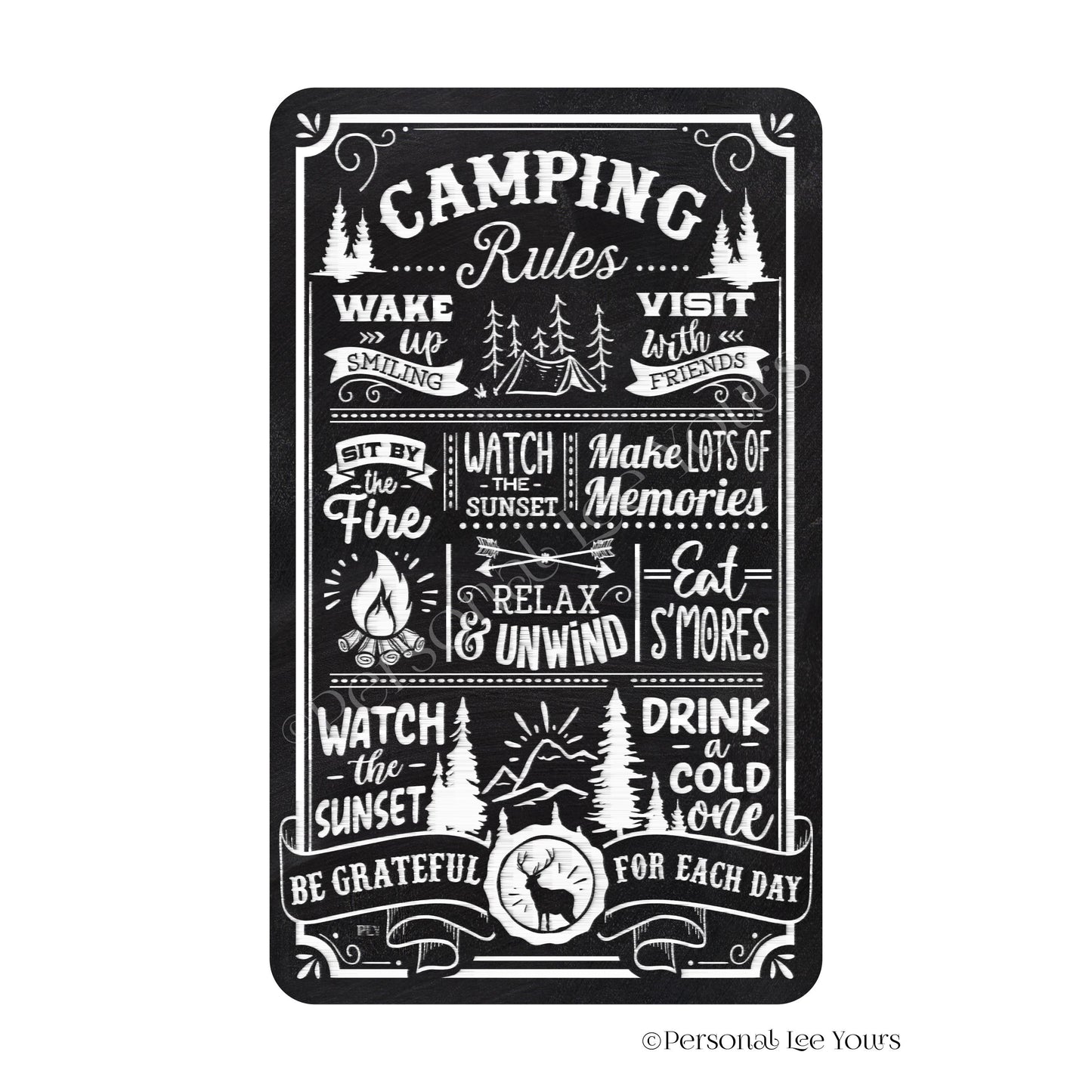 Wreath Sign * Camping Rules * Vertical * Lightweight Metal * Black, Red or Blue