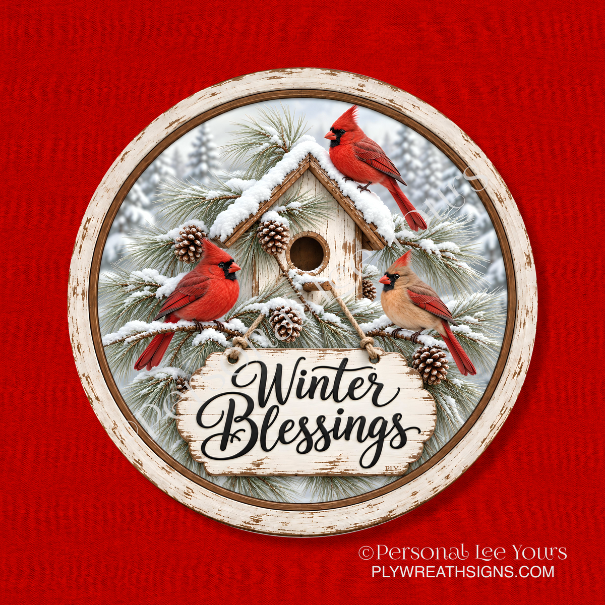 Holiday Wreath Sign * Cardinals Winter Blessings * Round * Lightweight Metal