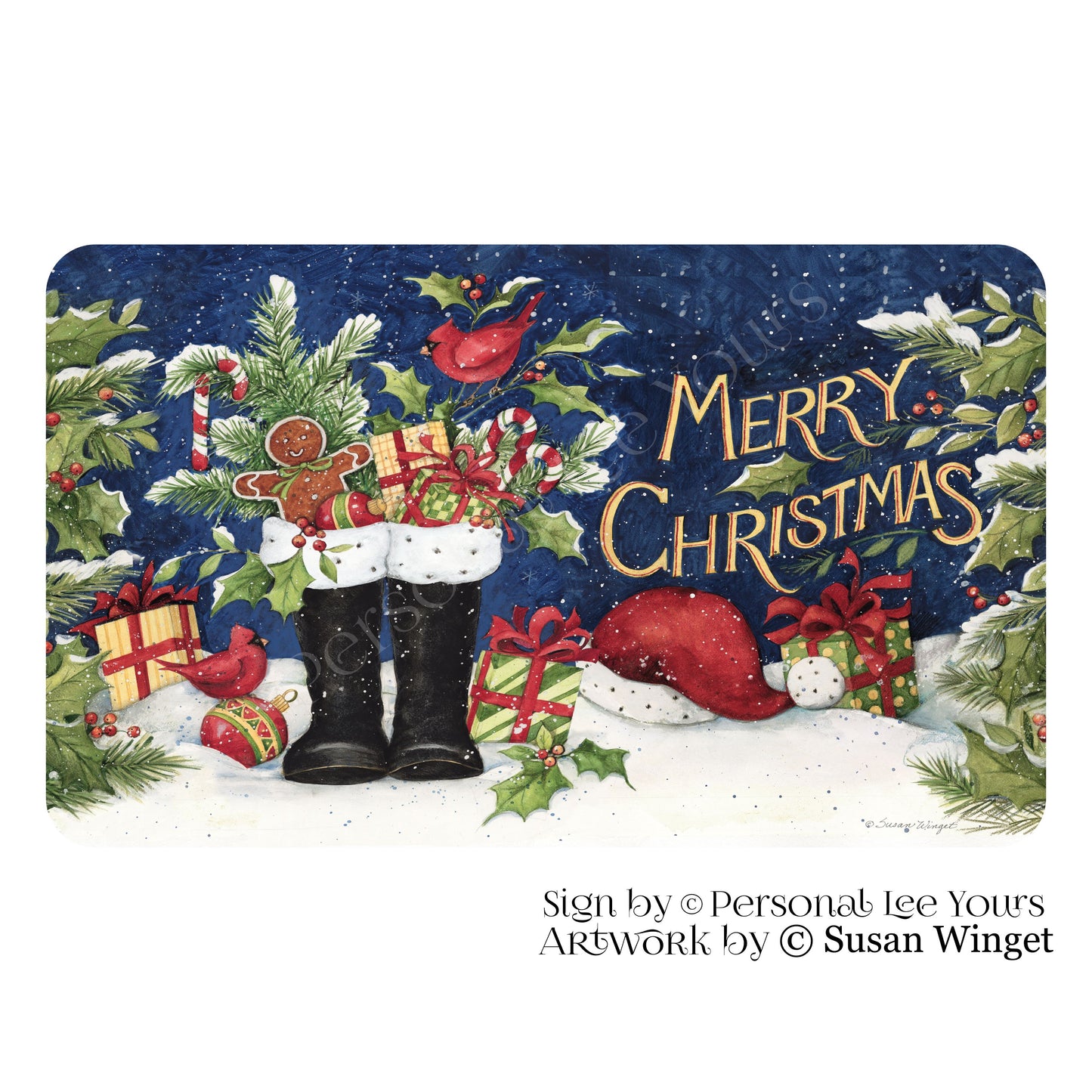 Susan Winget Exclusive Sign * Christmas Boots * Horizontal * 4 Sizes * Lightweight Metal