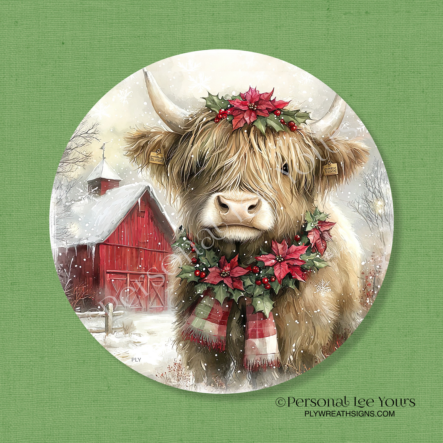 Holiday Wreath Sign * Christmas Highland Cow* Round * Lightweight Metal