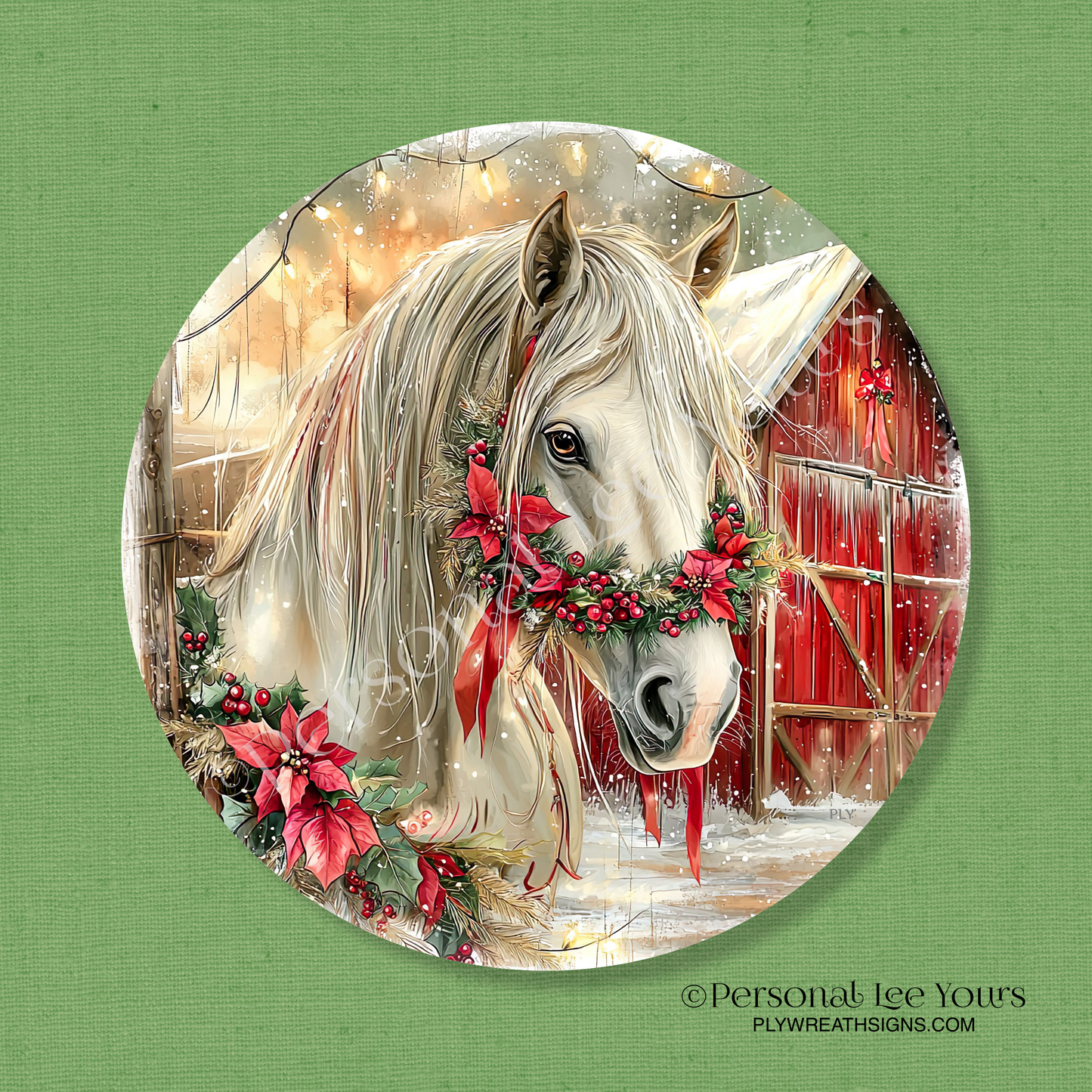 Holiday Wreath Sign * Christmas Horse * Round * Lightweight Metal