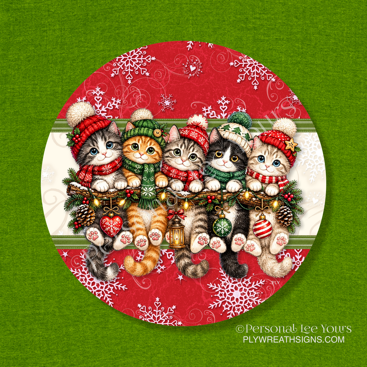 Holiday Wreath Sign * Christmas Kittens * Round * Lightweight Metal