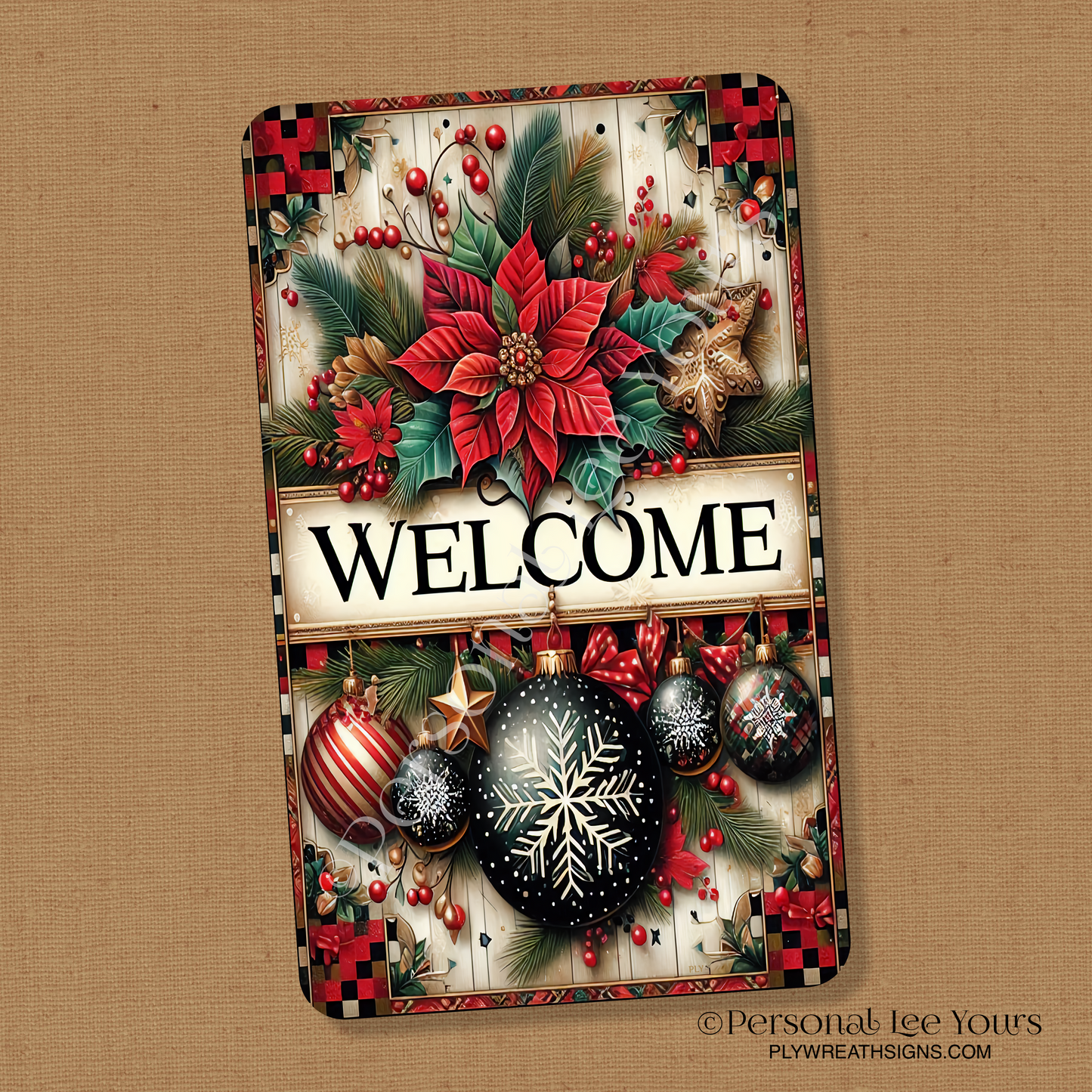 Wreath Sign * Christmas Welcome, Poinsettia and Ornaments * Vertical * 3 Sizes * Lightweight Metal