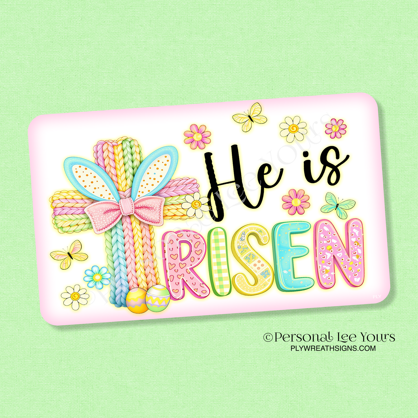 Easter Wreath Sign * Crochet He Is Risen * Horizontal * 3 Sizes * Lightweight Metal