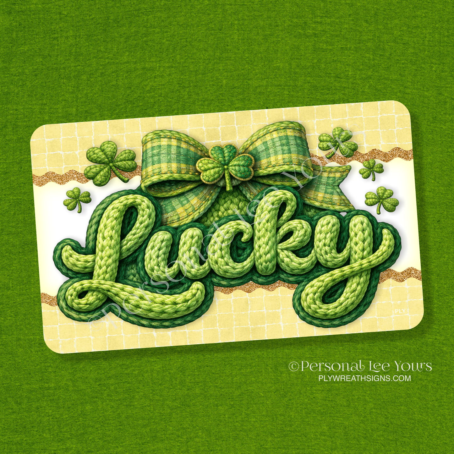 St. Patrick's Day Wreath Sign * Crochet Lucky * Horizontal * 3 sizes * Lightweight Metal