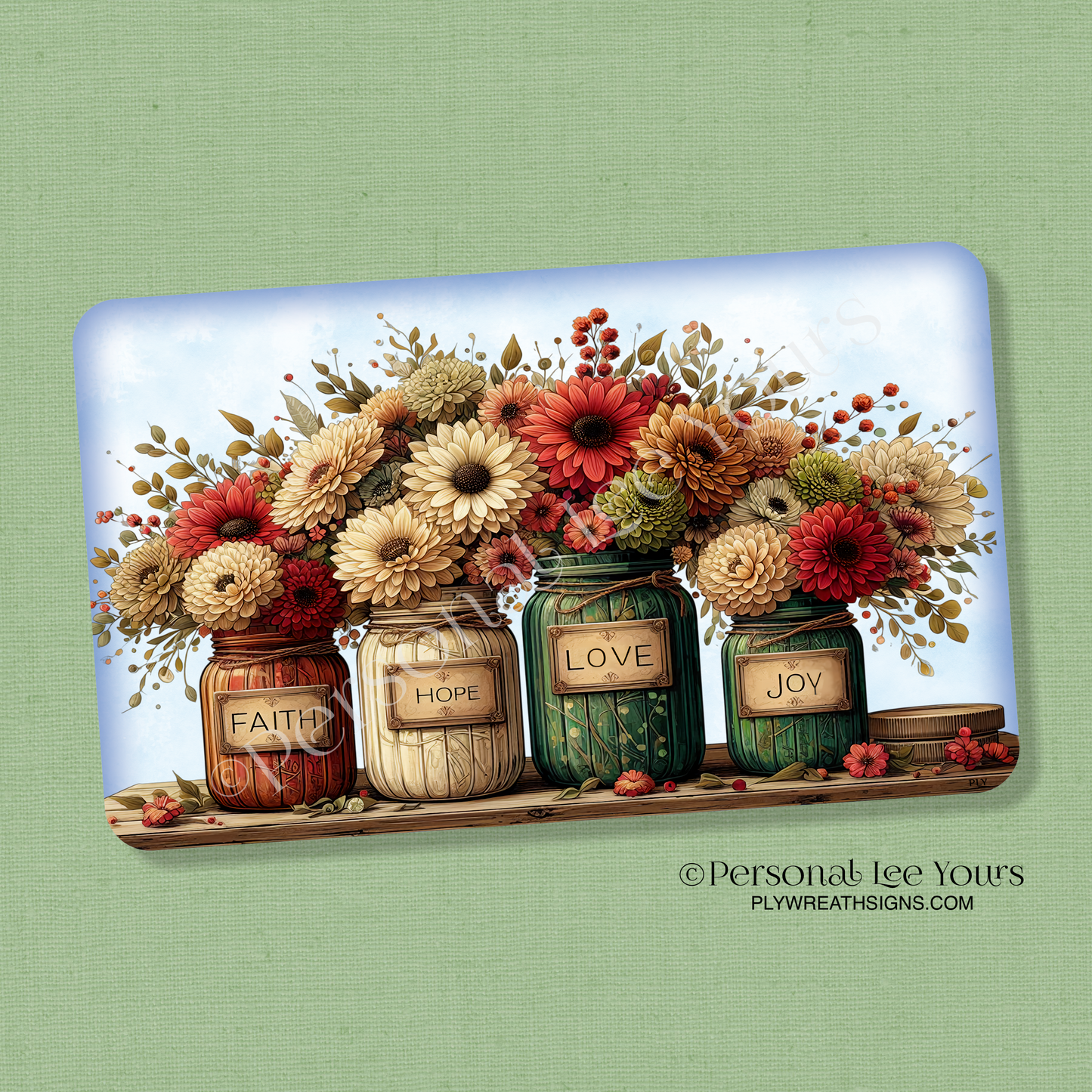 Wreath Sign * Faith, Hope, Love and Joy Jars * Horizontal * 3 Sizes * Lightweight Metal