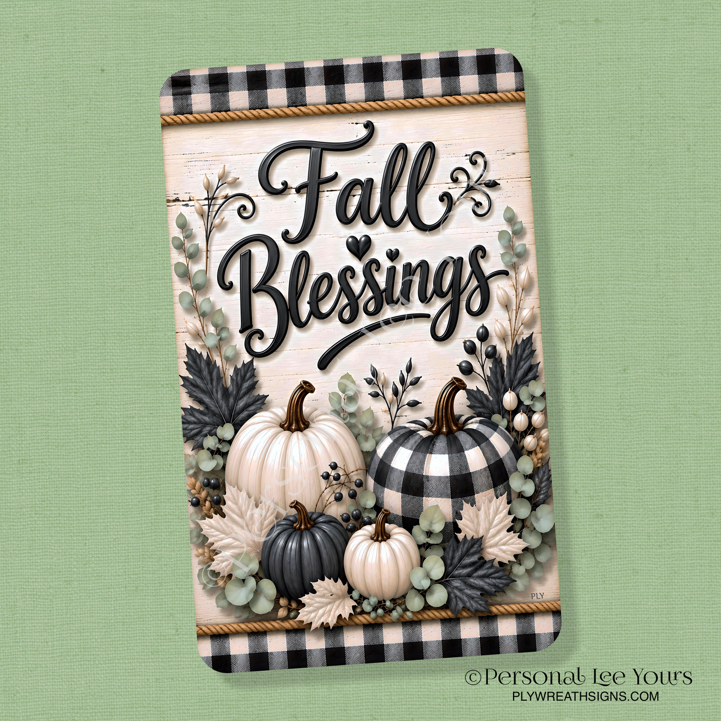 Wreath Sign * Fall Blessings Black and Cream * Vertical * 3 Sizes * Lightweight Metal