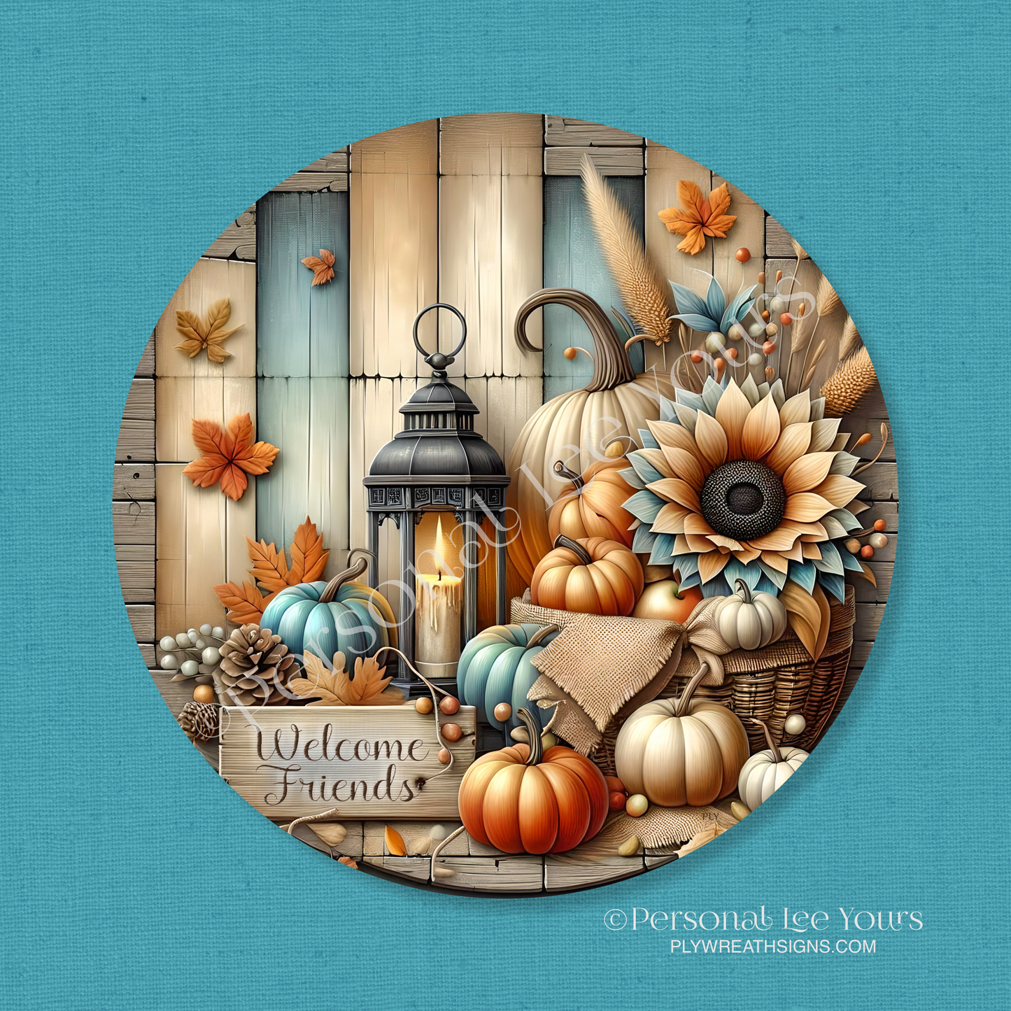 Wreath Sign * Fall Lantern, Welcome Friends * Round * Lightweight Metal