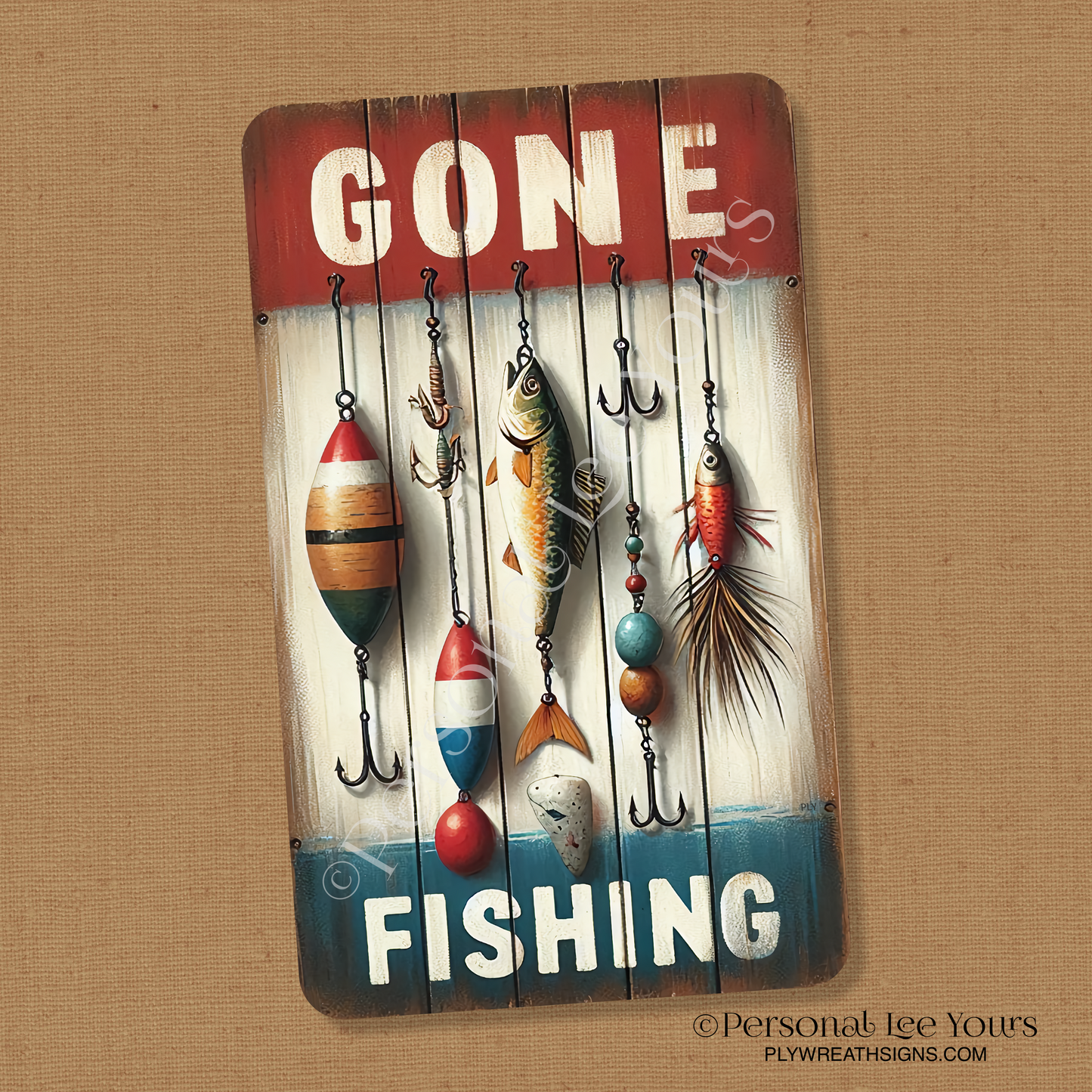 Wreath Sign * Fishing Lures, Gone Fishing * Vertical * 4 Sizes * Lightweight Metal