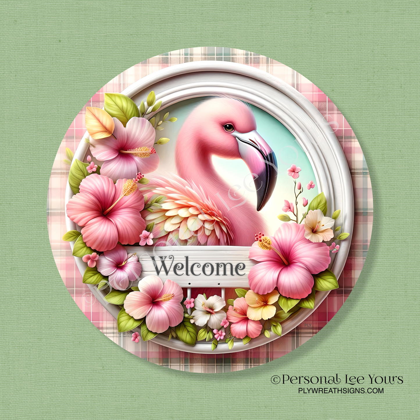 Wreath Sign * Flamingo and Hibiscus Welcome * Round * Lightweight Metal