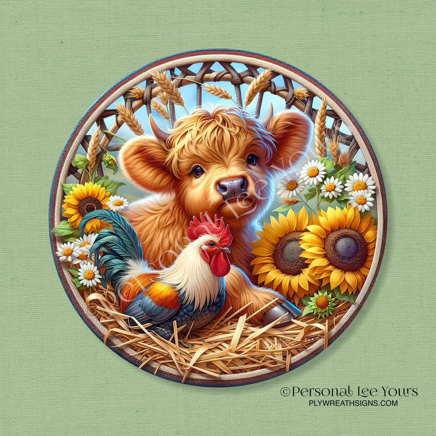 Wreath Sign * Friends On The Farm, Highland Cow and Rooster * Round * Lightweight Metal