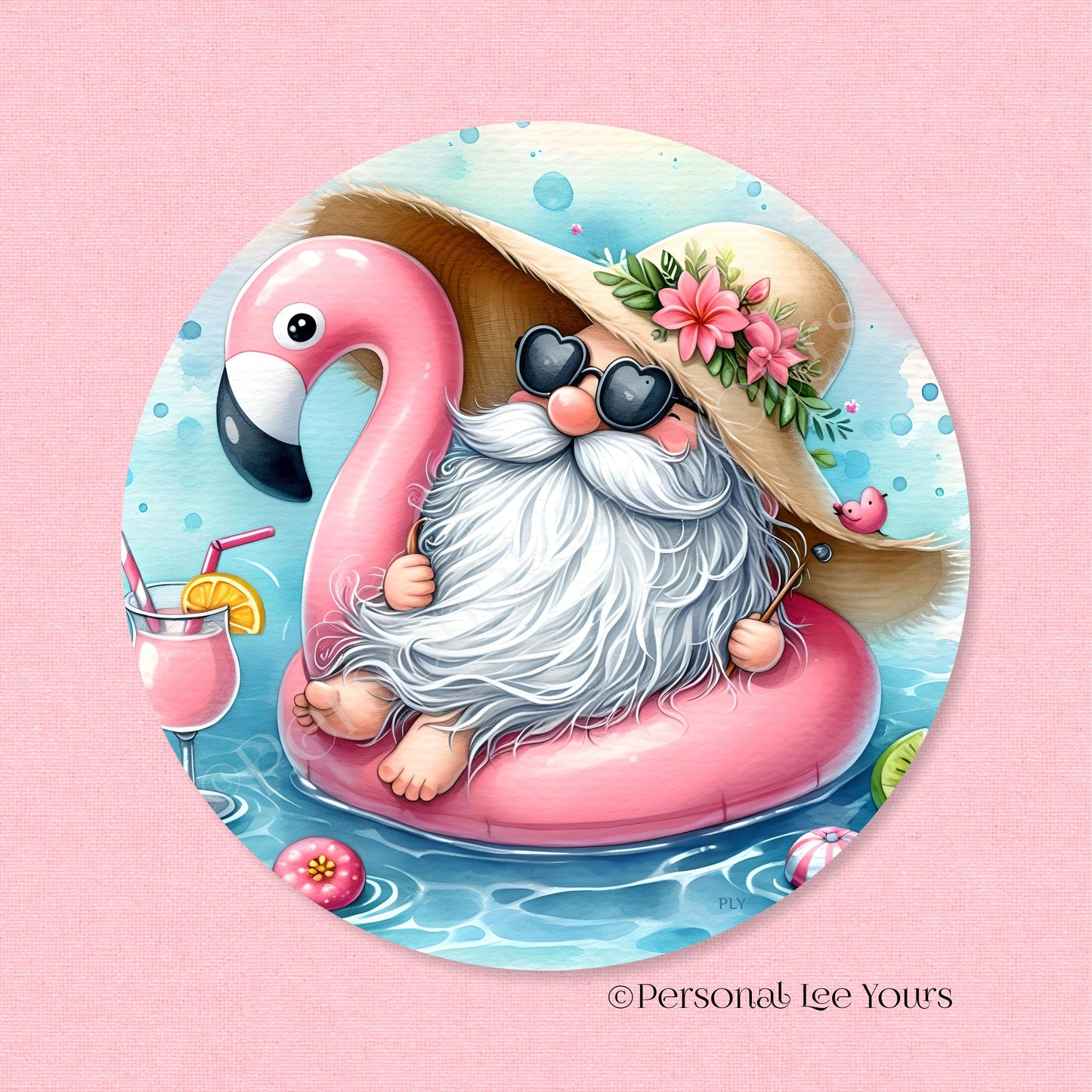 Wreath Sign * Fun In The Pool, Gnome * Round * Lightweight Metal