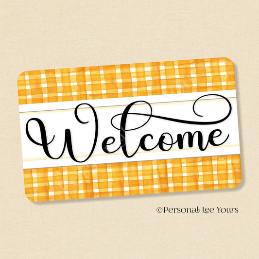 Simple Welcome Wreath Sign * Gingham Welcome * Honey Yellow/White * Horizontal * Lightweight Metal