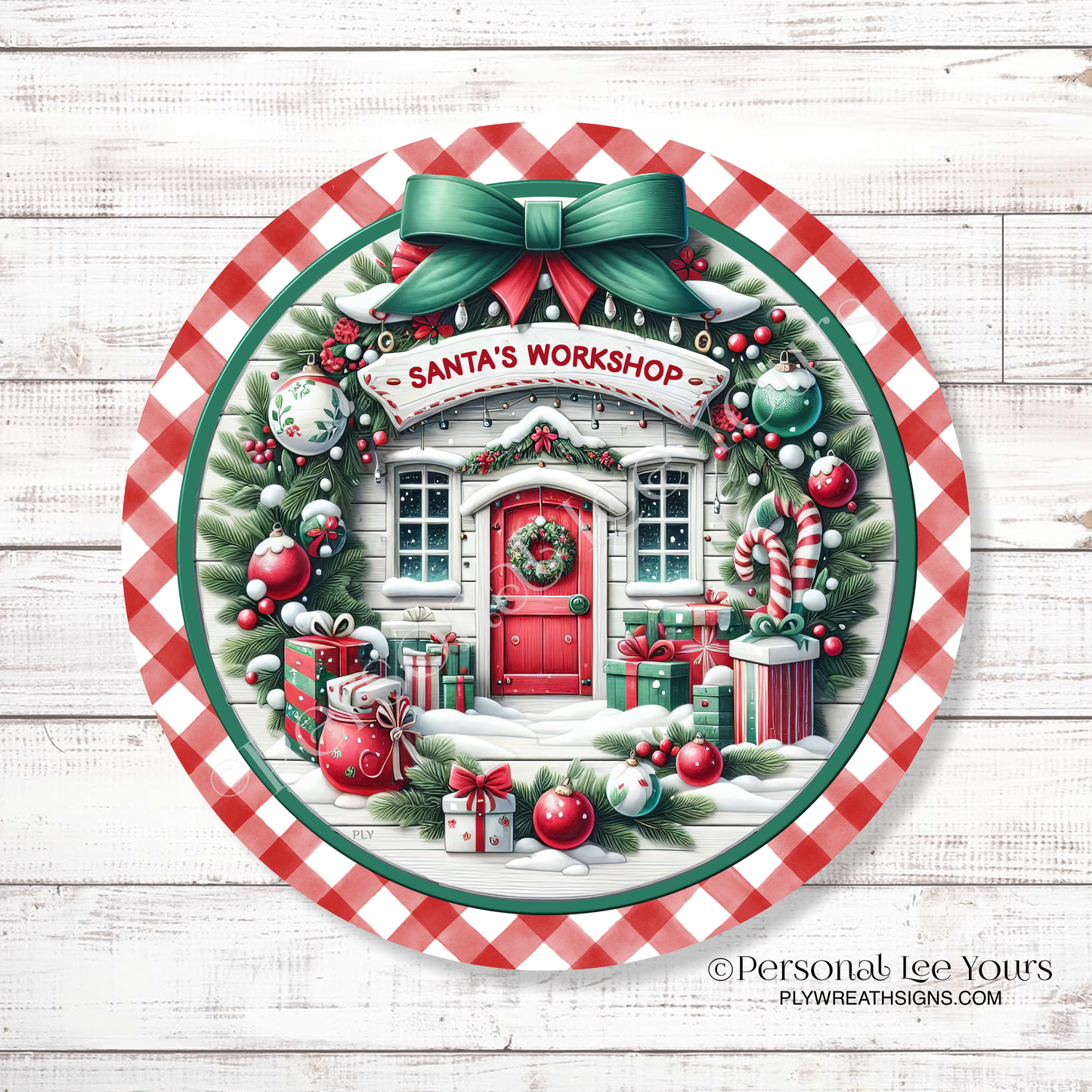 Christmas Wreath Sign * Gingham Santa's Workshop * Round * Lightweight Metal