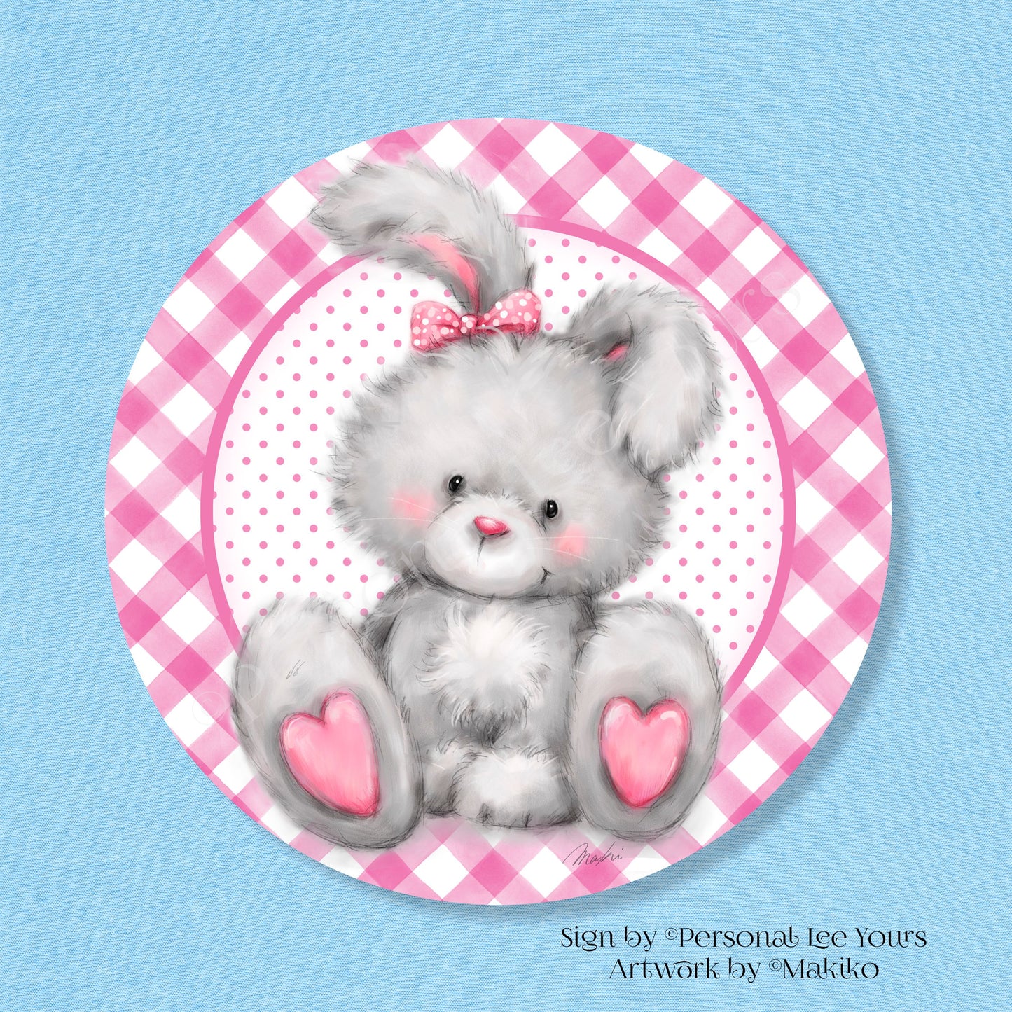 Makiko Exclusive Sign * Gingham And Polka Dot Bunny * Round * Lightweight Metal
