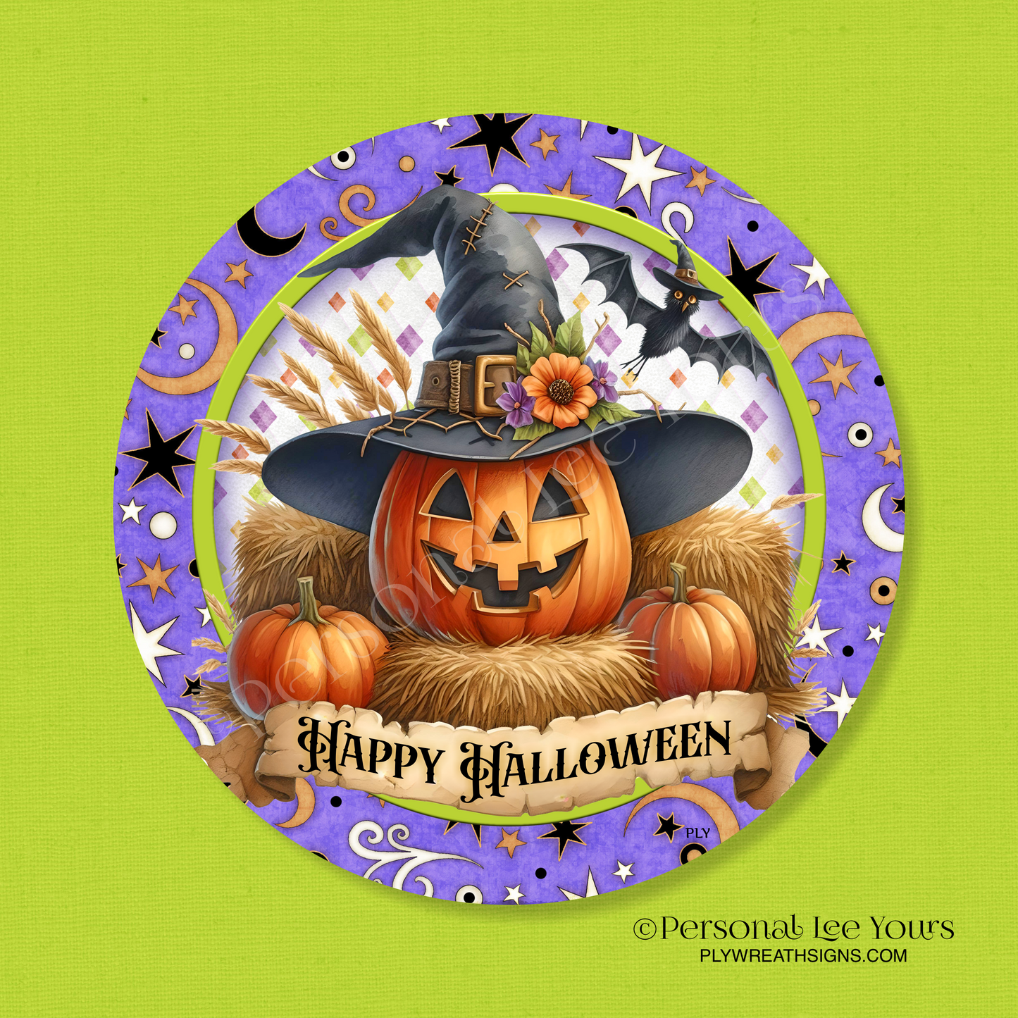 Wreath Sign * Happy Halloween, Pumpkin with Witch's Hat * Round * Lightweight Metal