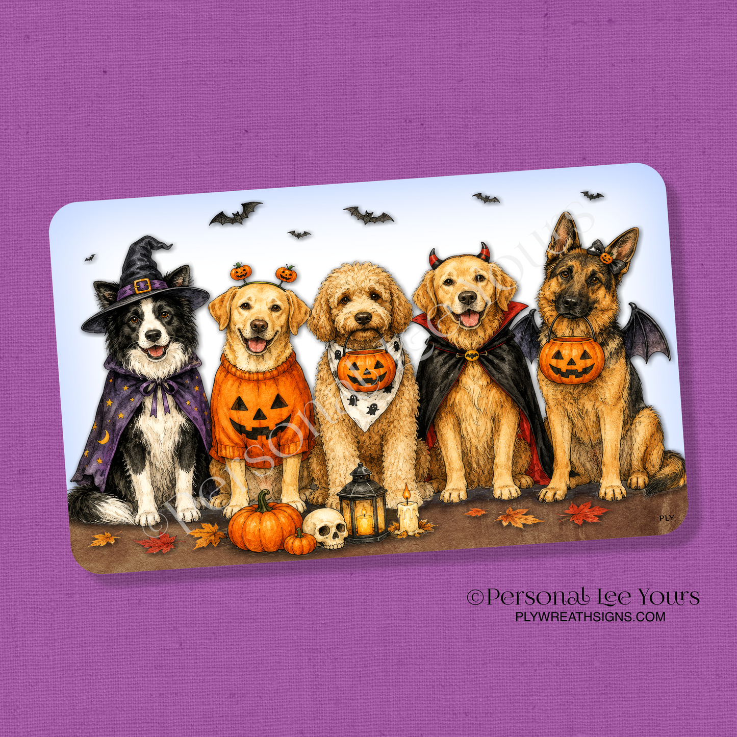 Wreath Sign * Halloween Dress Up Large Dogs * Horizontal * 3 Sizes * Lightweight Metal