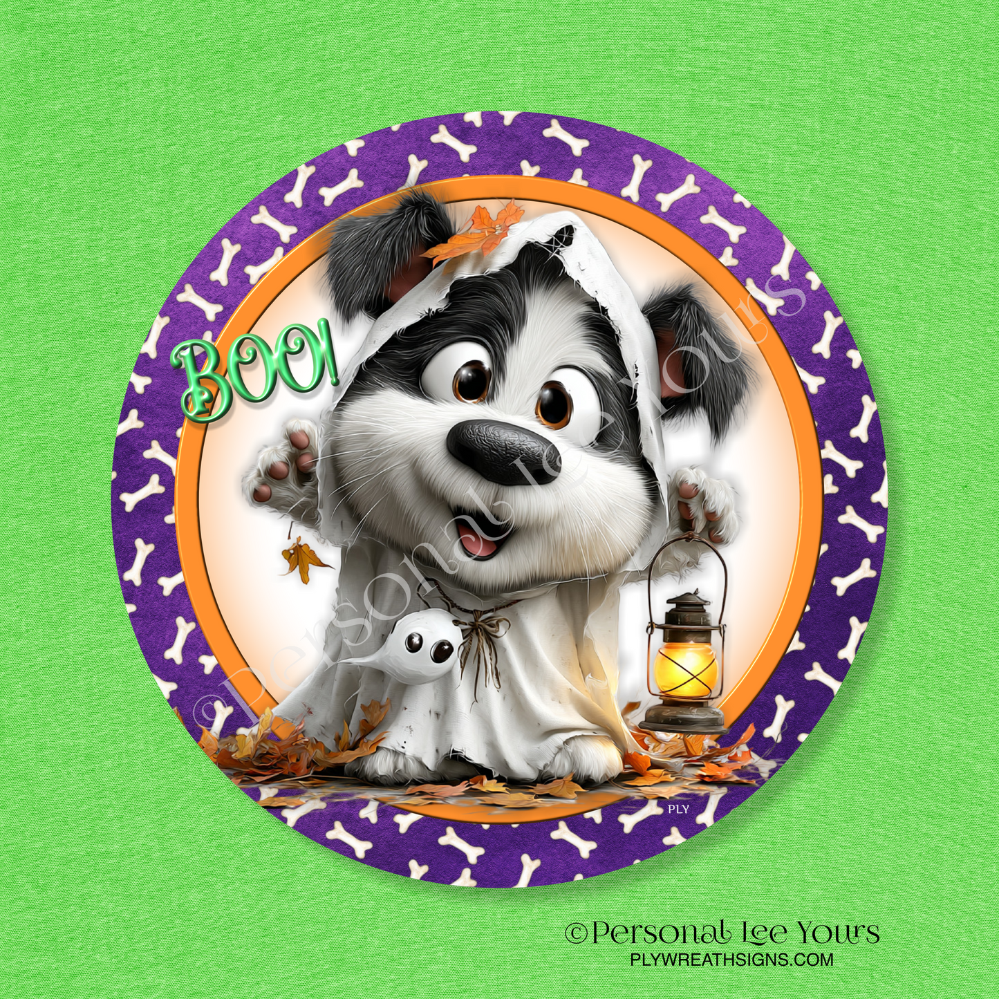 Wreath Sign * Halloween Puppy Ghost * Round * Lightweight Metal