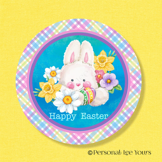 Holiday Wreath Sign * Happy Easter * Cute Bunny with Egg * Round * Lightweight