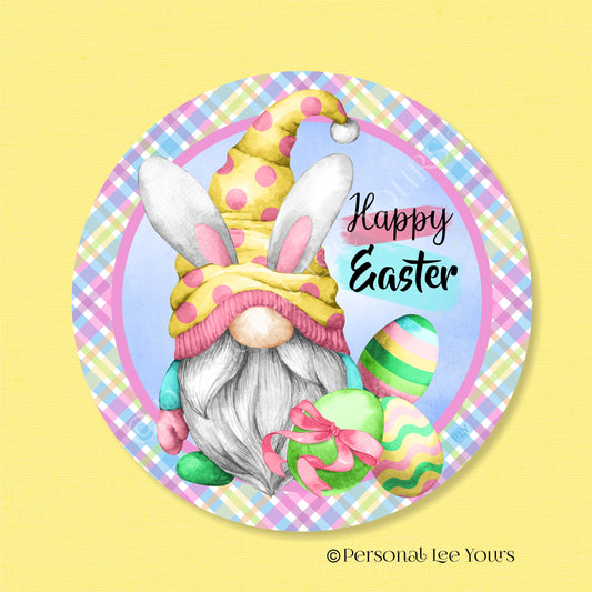 Metal Wreath Sign * Happy Easter * Gnome with Bunny Ears * Round * Lightweight