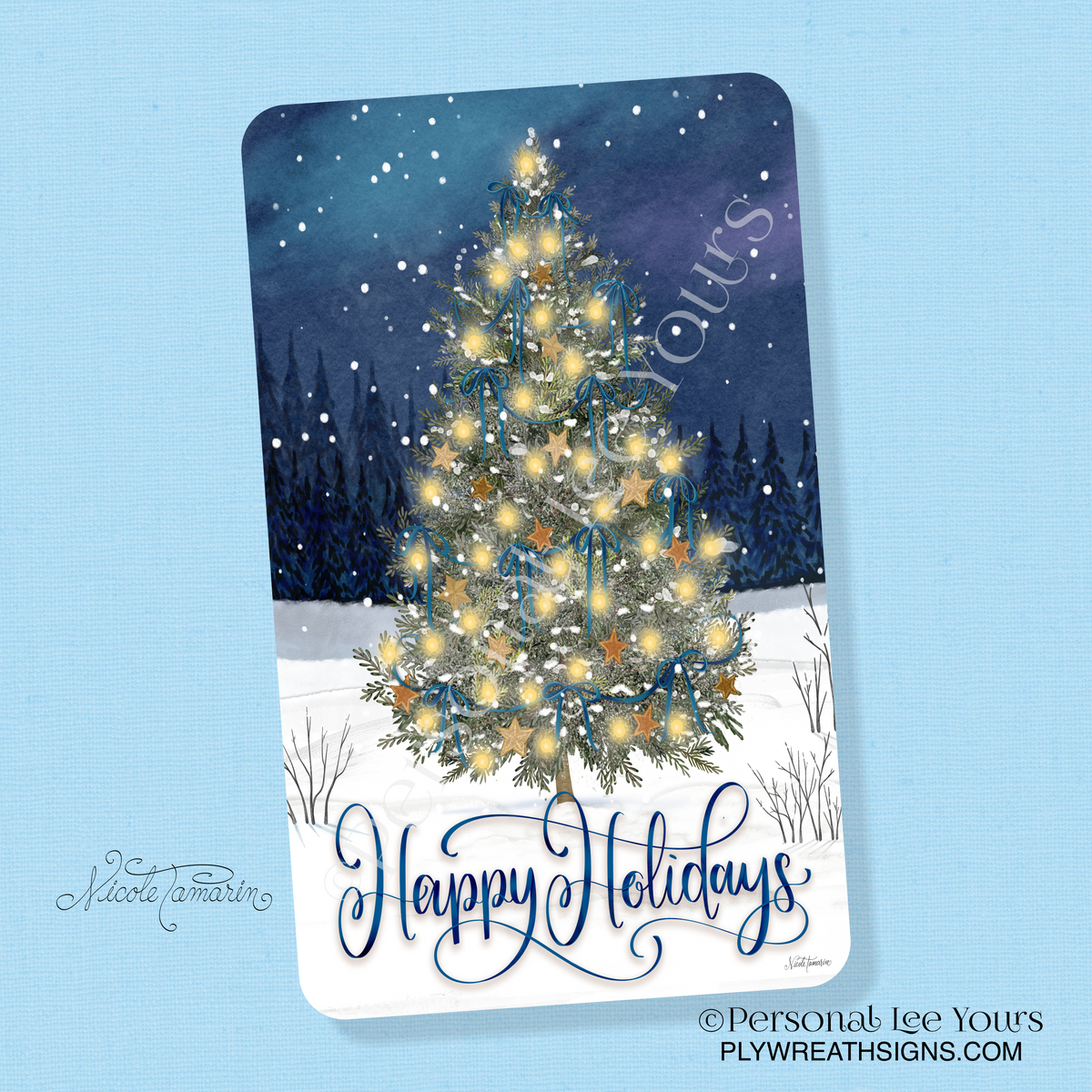 Nicole Tamarin Exclusive Sign * Happy Holidays Blue and Gold * Vertical * 3 Sizes * Lightweight Metal
