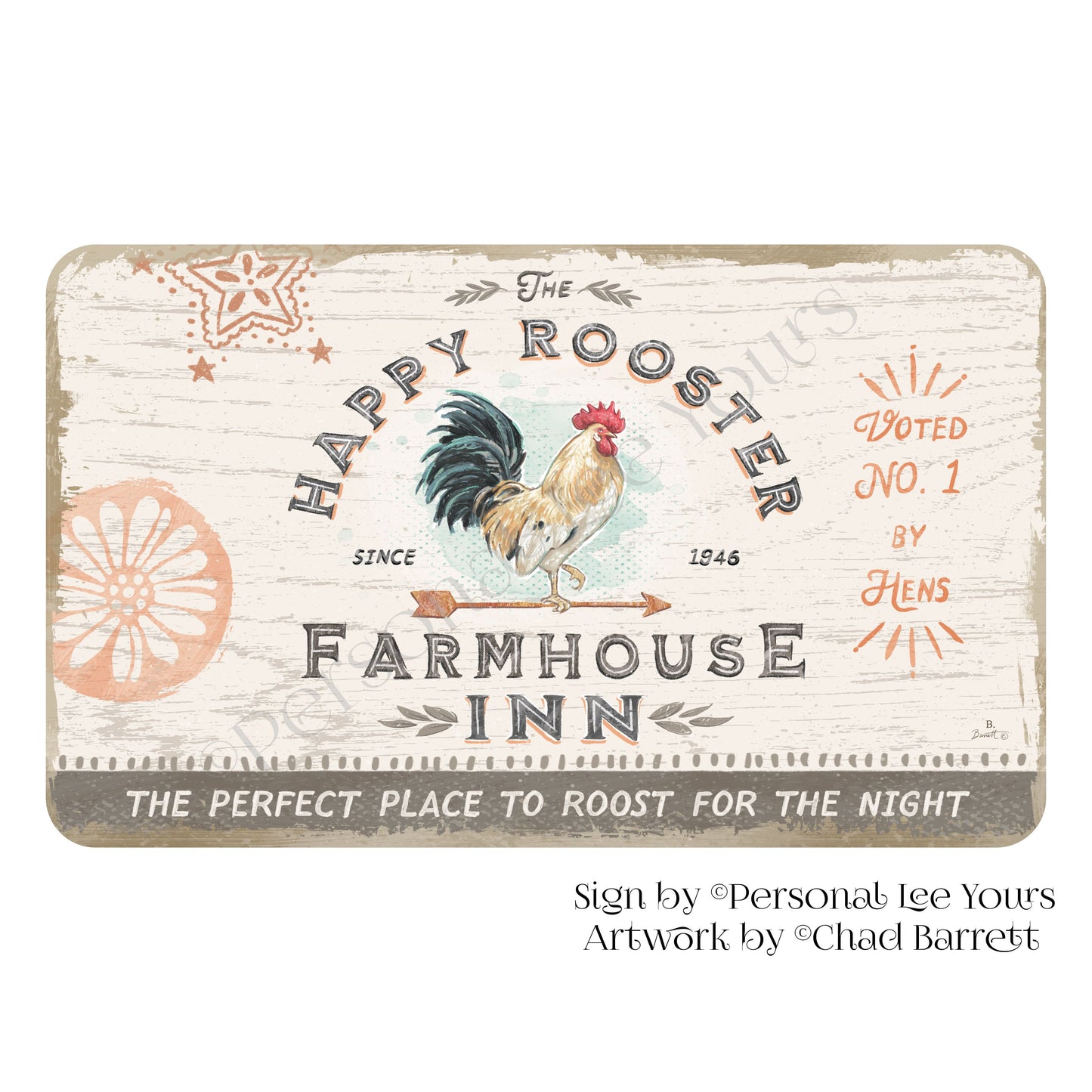 Chad Barrett Exclusive Sign * Happy Rooster Farmhouse Inn * Horizontal * 4 Sizes * Lightweight Metal