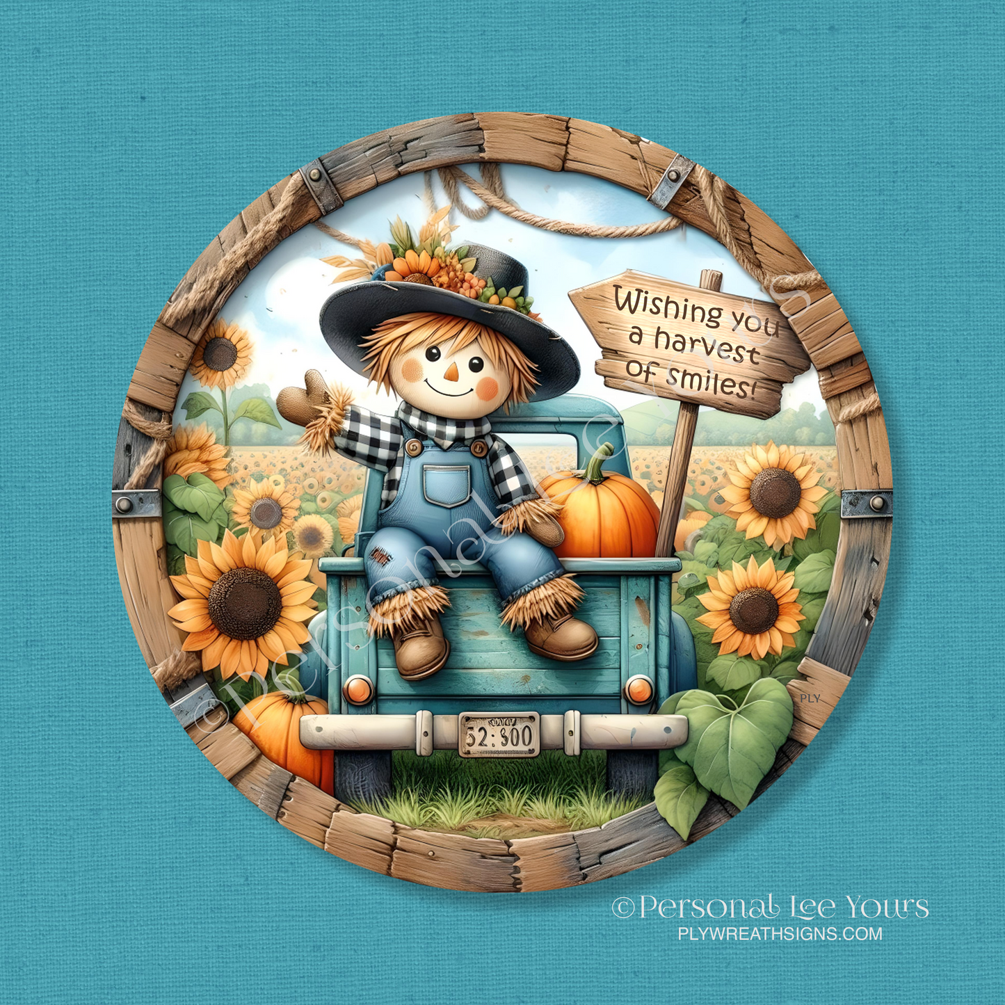 Wreath Sign * Harvest Of Smiles, Scarecrow * Round * Lightweight Metal