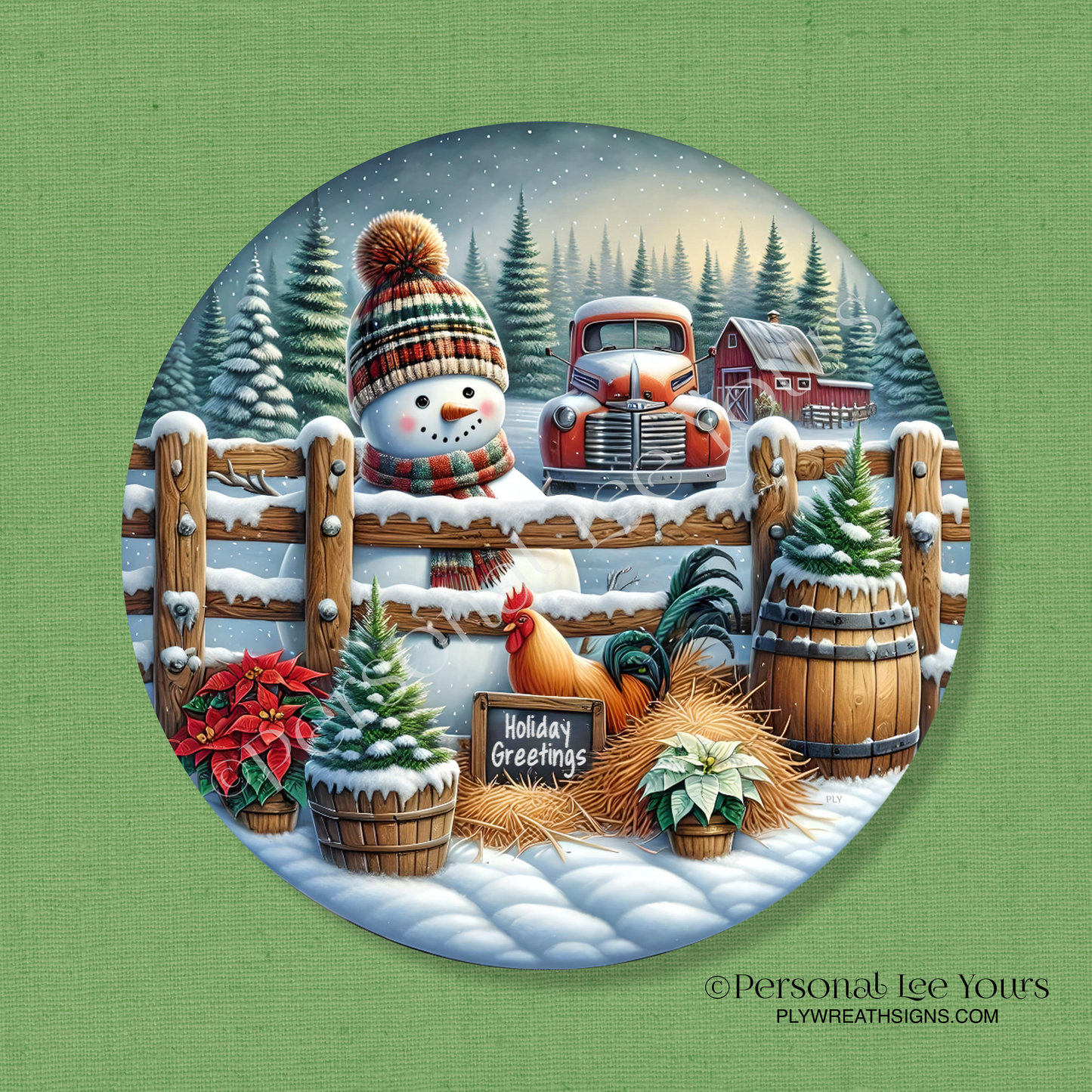 Winter Wreath Sign * Holiday Greetings, Snowman * Round * Lightweight Metal