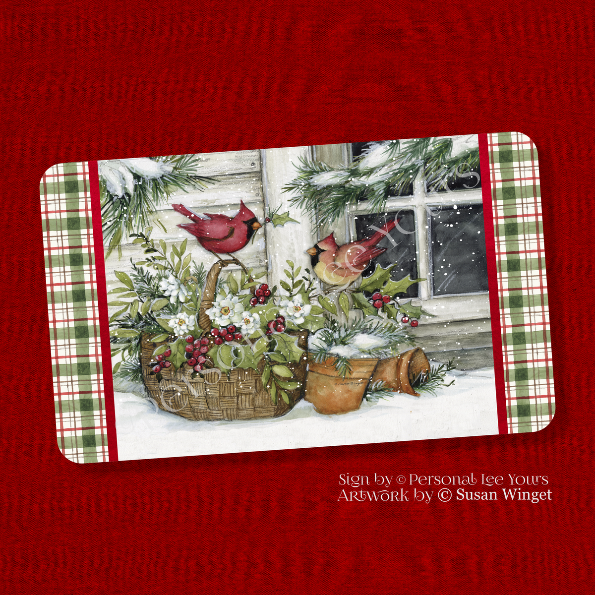 Susan Winget Exclusive Sign * Holly Basket Cardinals * 3 Sizes * Horizontal * Lightweight Metal