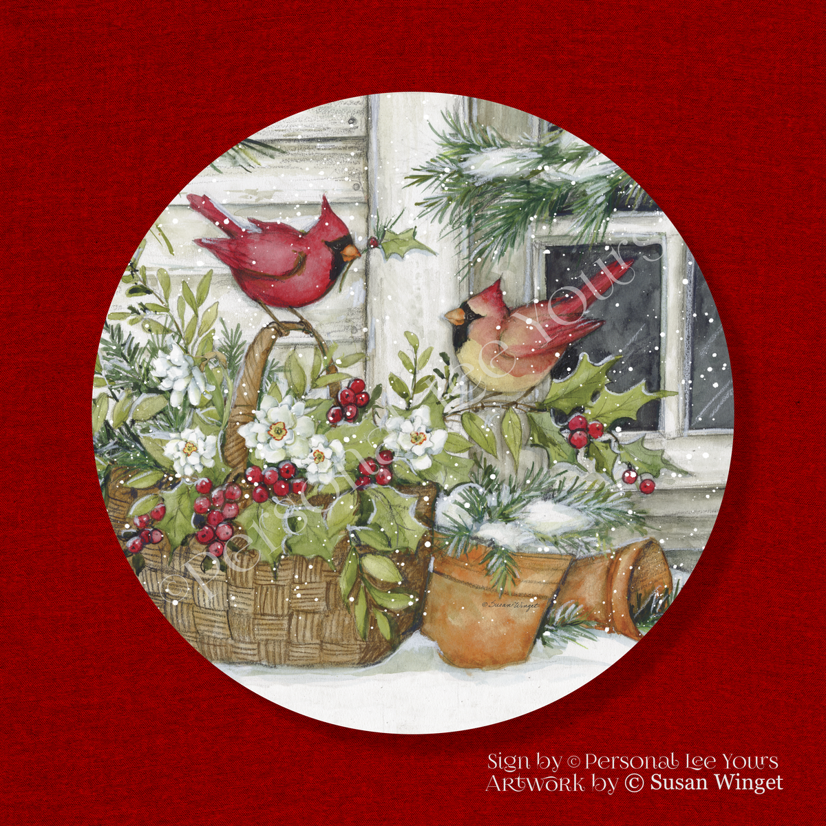 Susan Winget Exclusive Sign * Holly Basket Cardinals * Round * Lightweight Metal