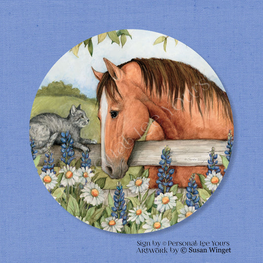 Susan Winget Exclusive Sign * Horse, Cat and Bluebonnets  *  Round * Lightweight Metal
