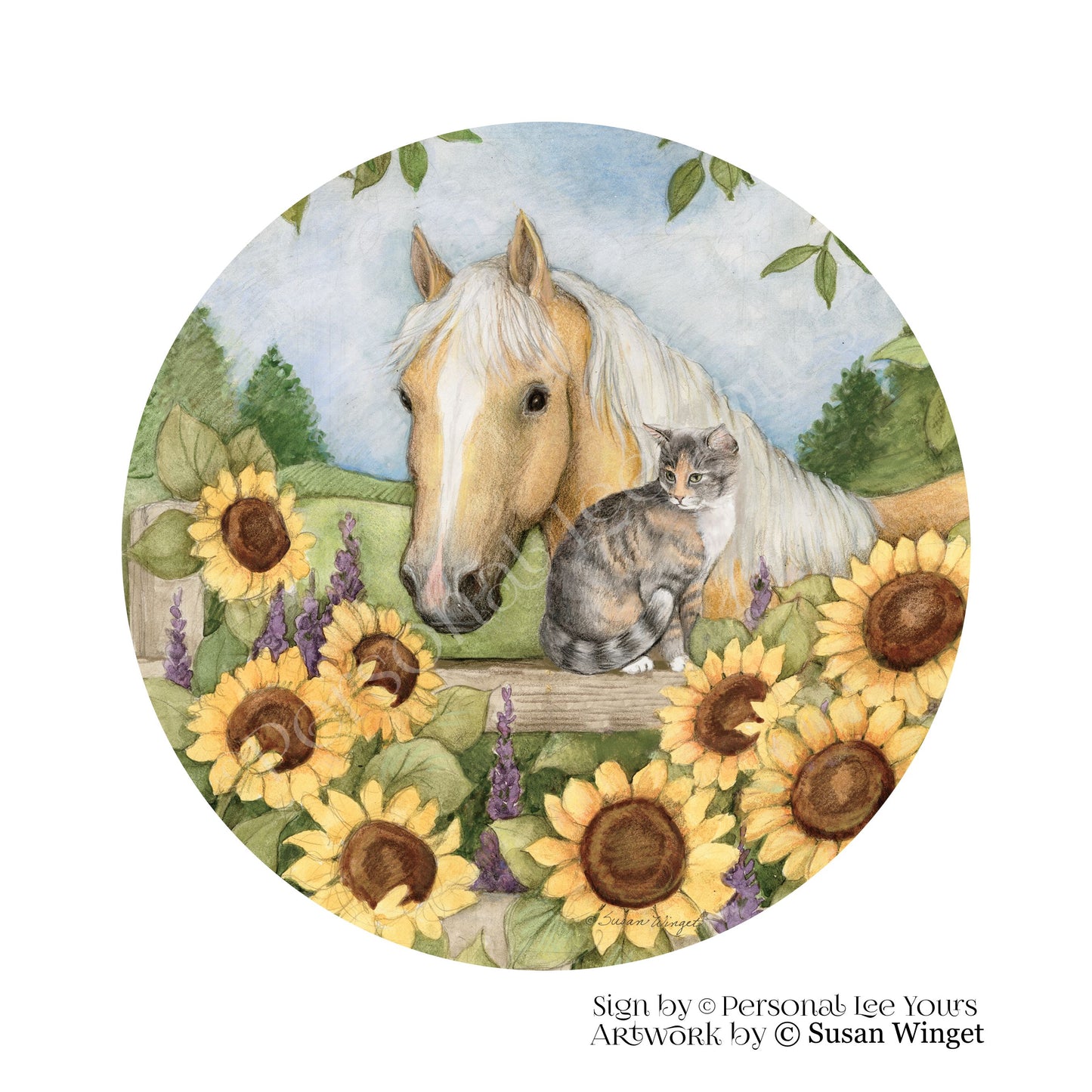 Susan Winget Exclusive Sign * Horse, Cat and Sunflowers * Round * Lightweight Metal
