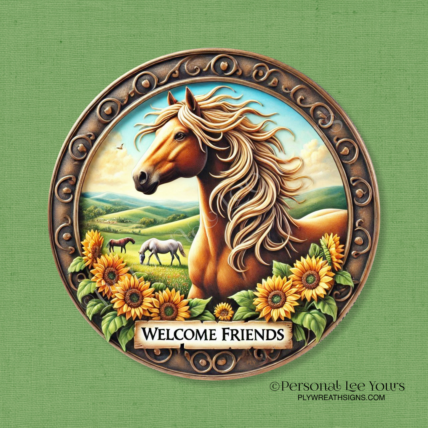 Wreath Sign * Horses and Sunflowers, Welcome Friends * Round * Lightweight Metal