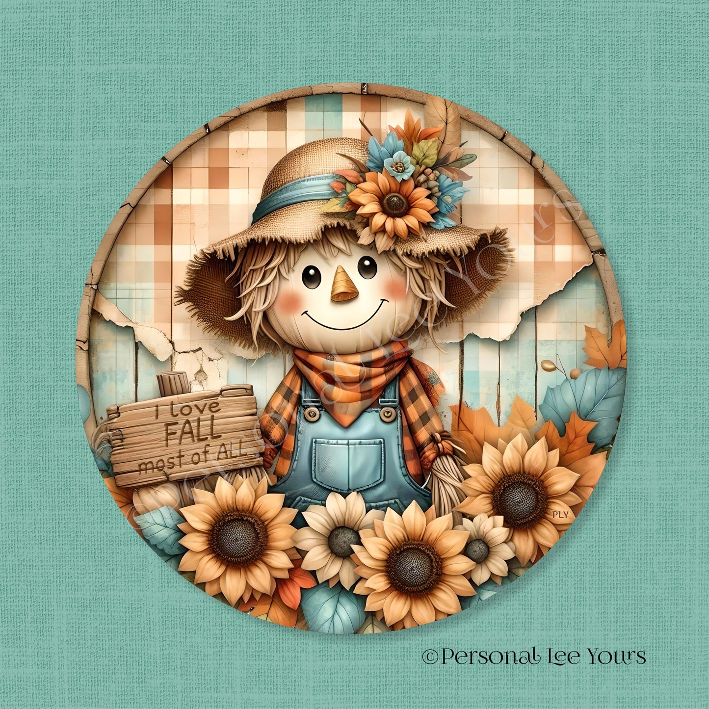 Wreath Sign * I Love Fall Most Of All, Scarecrow * Round * Lightweight Metal