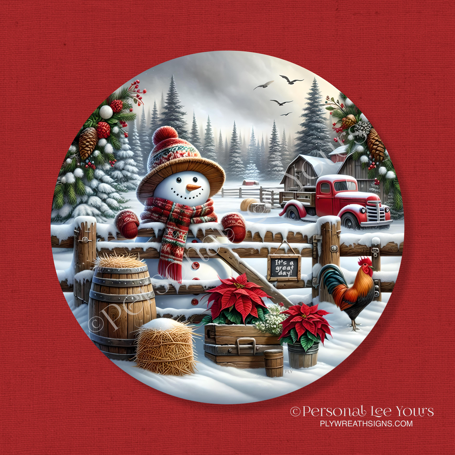 Winter Wreath Sign * It's A Great Day, Snowman * Round * Lightweight Metal