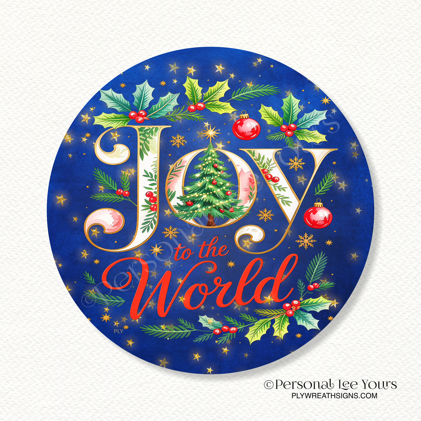Christmas Wreath Sign * Joy To The World on Blue * Round * Lightweight Metal