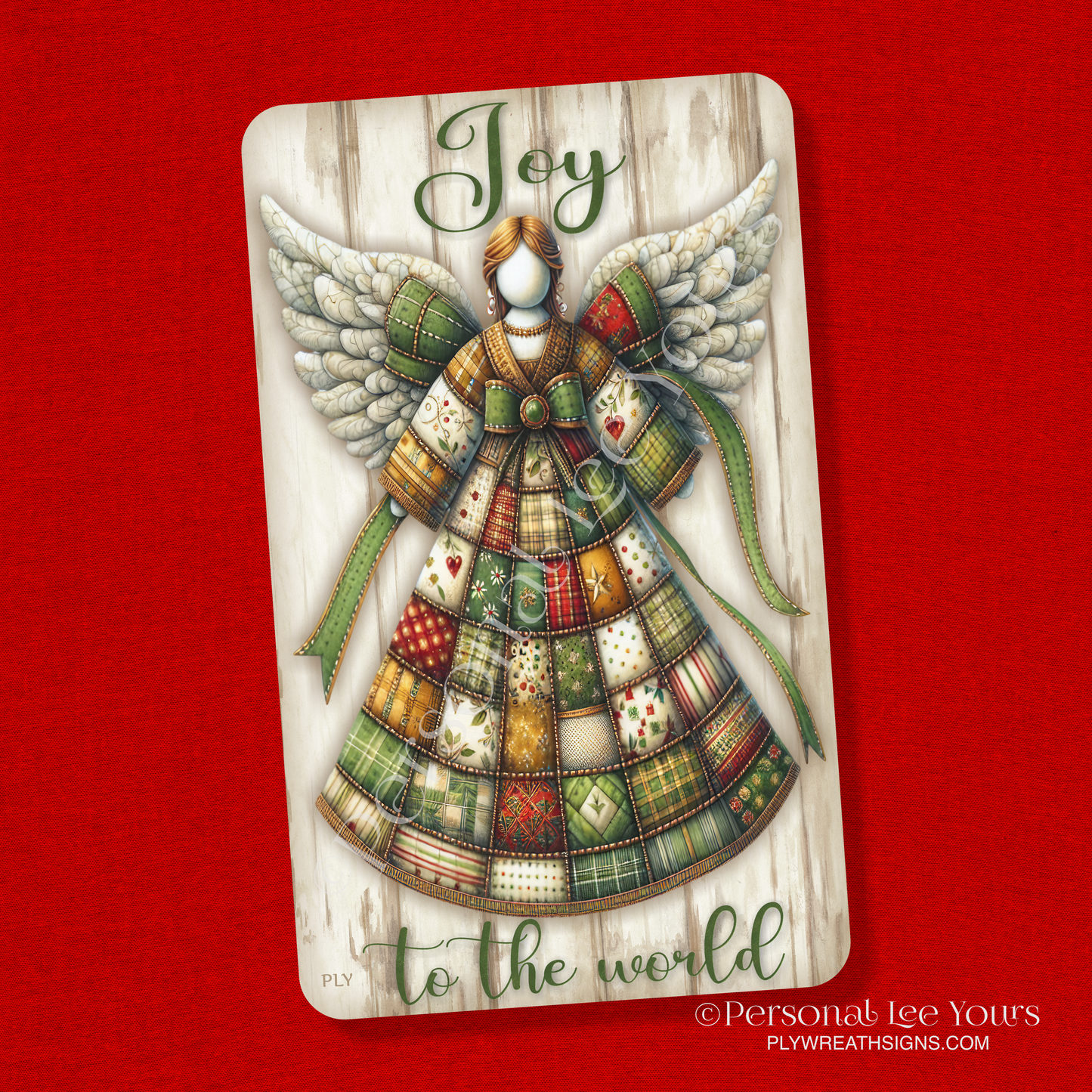 Wreath Sign * Joy To The World, Patchwork Angel * Vertical * 3 Sizes * Lightweight Metal