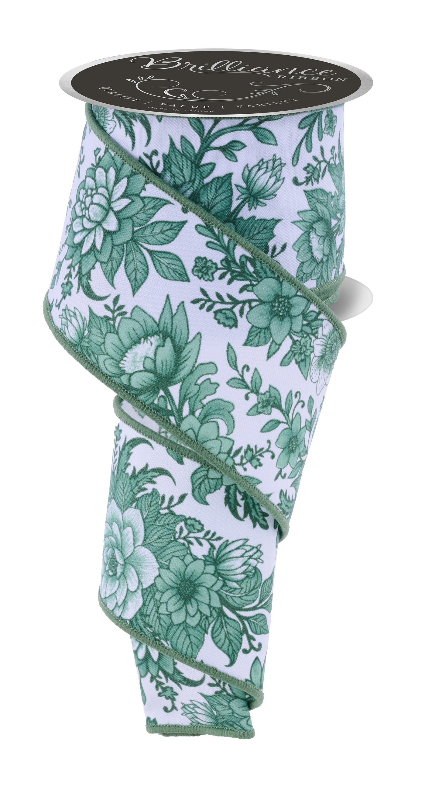 Brilliance Wired Ribbon * Chinoiserie Florals * White, Multi Sage * 2.5" x 10 Yards Canvas * LS300127