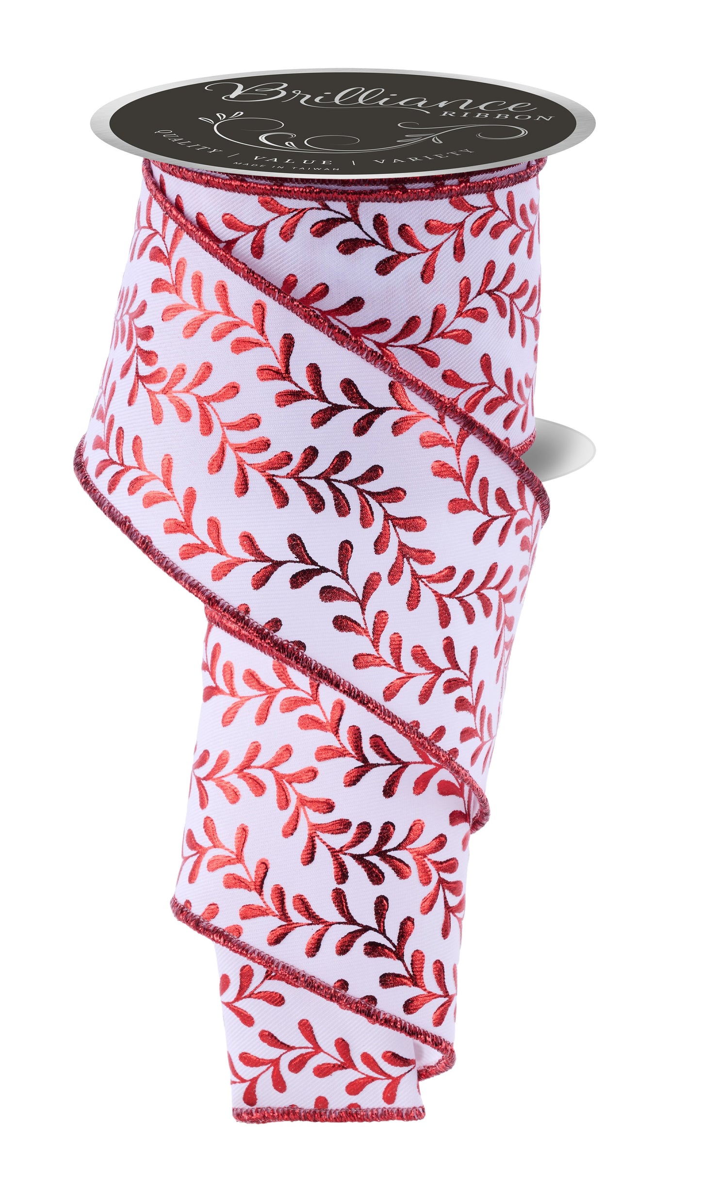 Brilliance Wired Ribbon * Foil Leaf Garland * White, Red * 2.5" x 10 Yards Canvas * LS302067