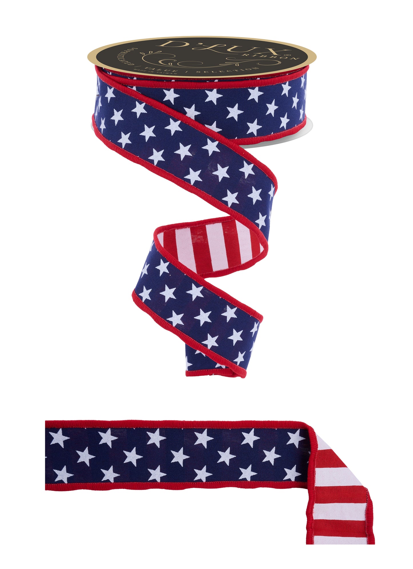 D'Lux Wired Ribbon * Stars and Stripes/Fused/Double Sided * Red/White/Navy * 1.5" x 10 Yards * LX311419