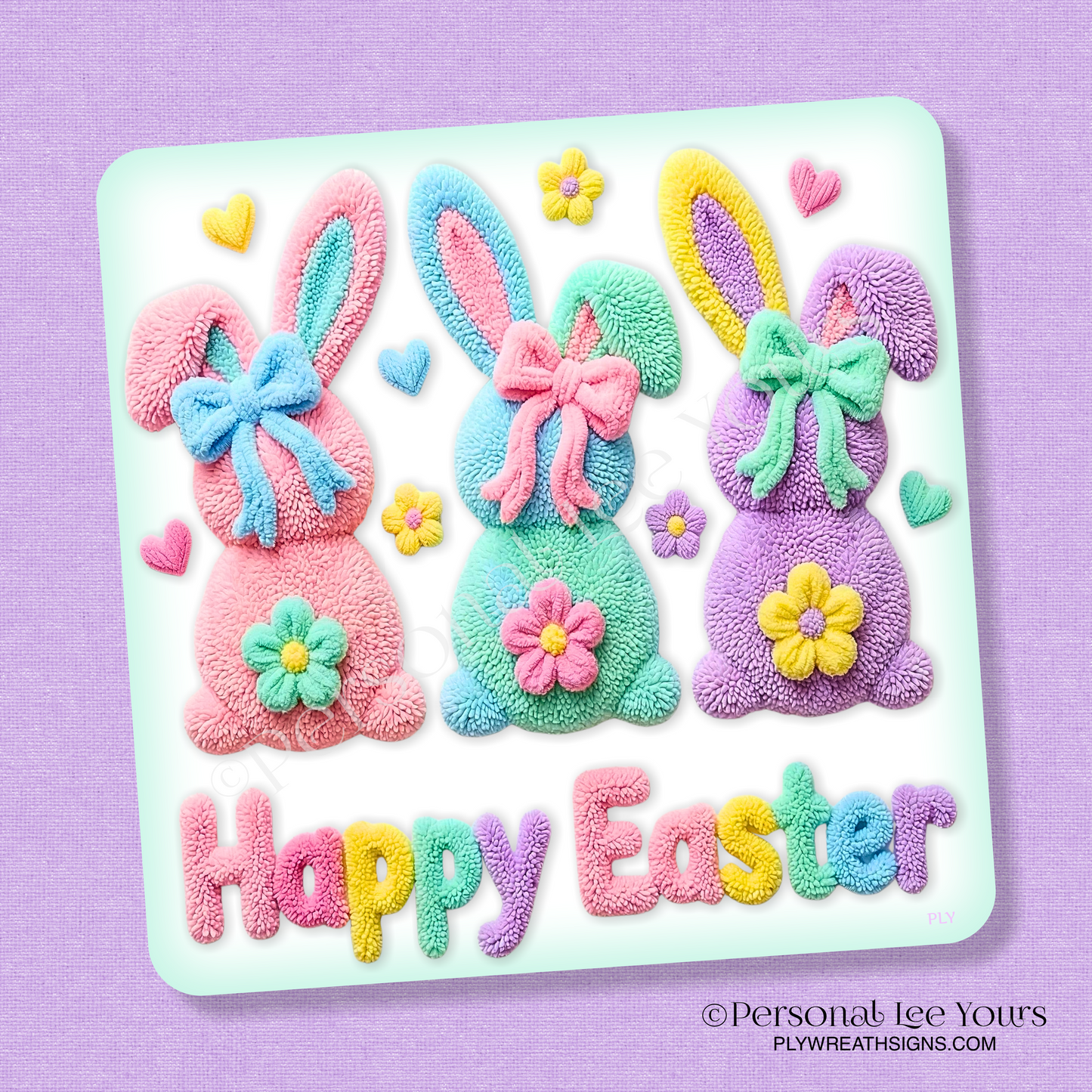 Wreath Sign * Happy Easter, Latch Hook Bunnies * Square * 3 Sizes * Lightweight Metal